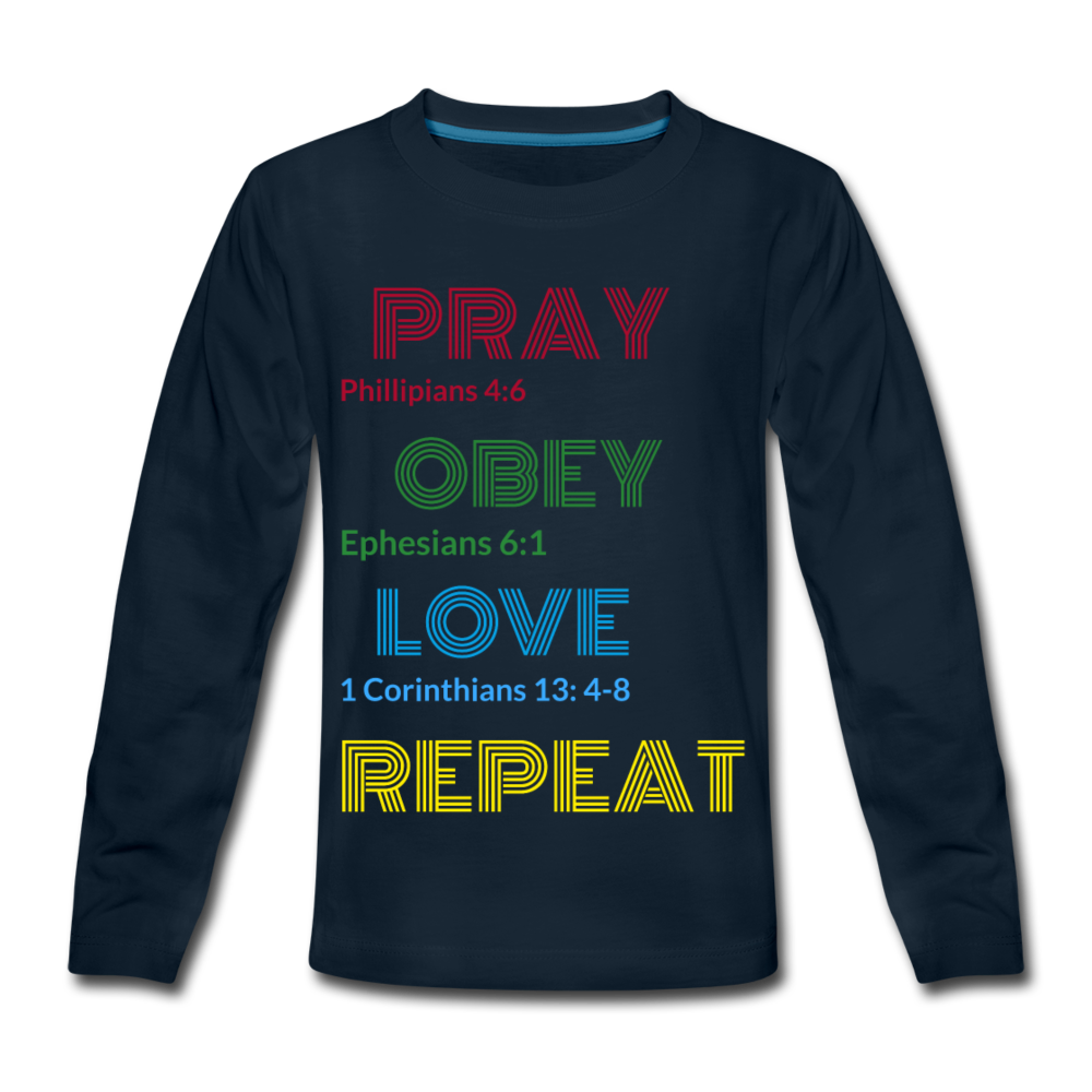 Kids' Pray Obey Love Repeat Long Sleeve T-Shirt - deep navy